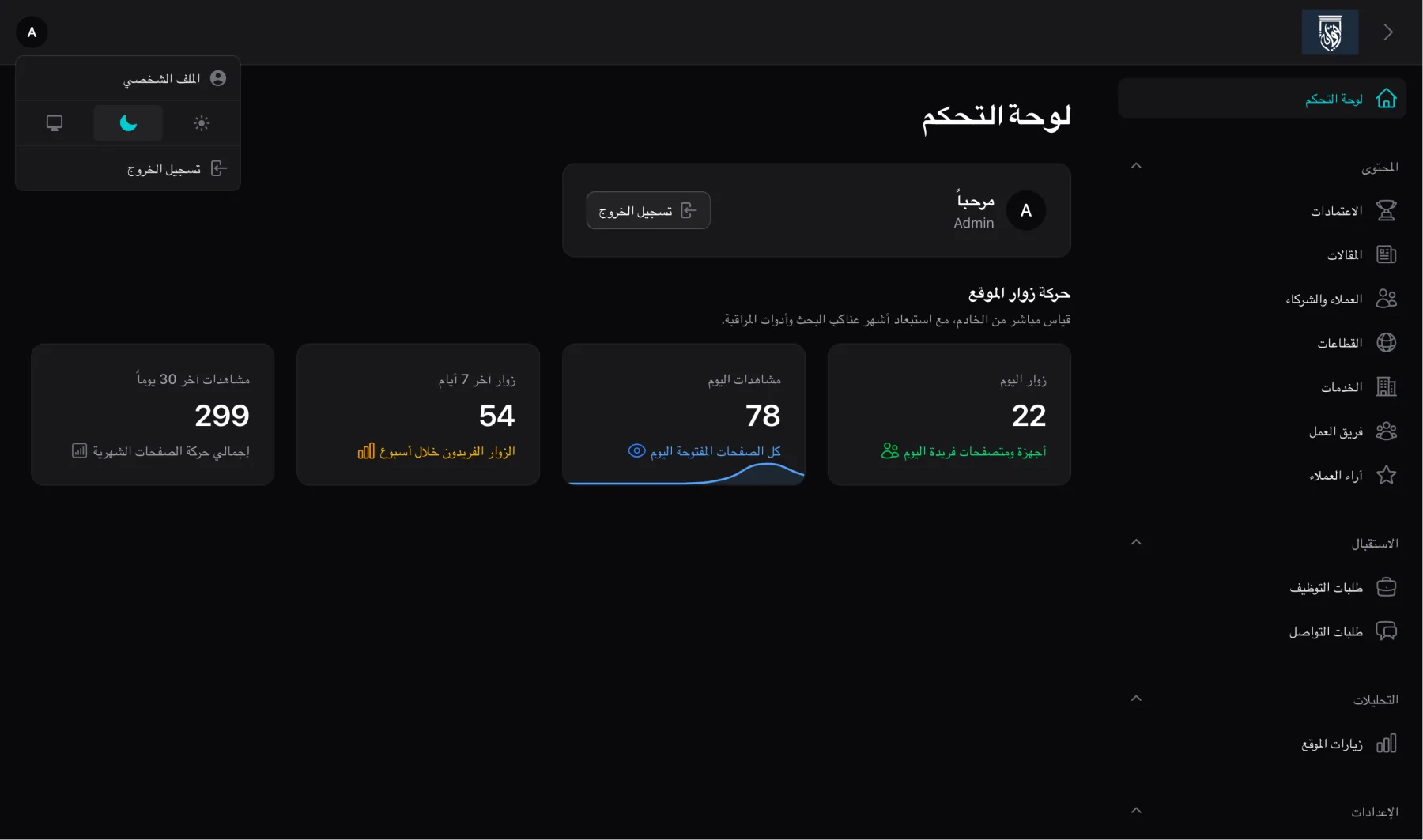 لوحة تحكم عربية لإدارة موقع مكتب المحاماة ومتابعة الزيارات والطلبات